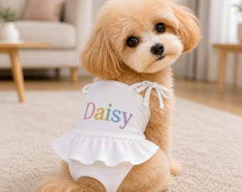 Vestido de verano personalizado para perrita, vestido de verano para mascota con nombre bordado personalizado, vestido de algodón para cachorrita, conjunto de cumpleaños para perrita.