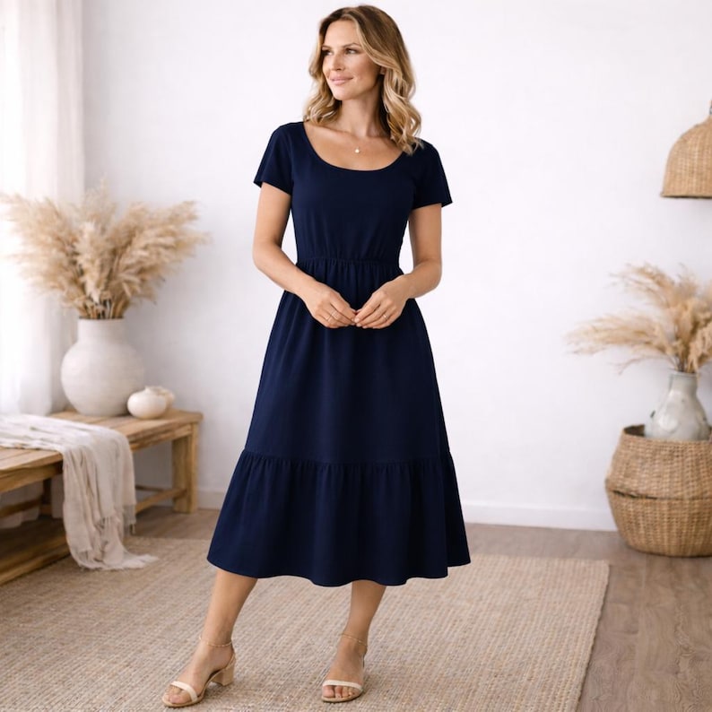 Robe d'été en coton pour femme, Robe midi à col carré, Robe d'été décontractée, Robe à corsage smocké, Robe en coton léger image 2