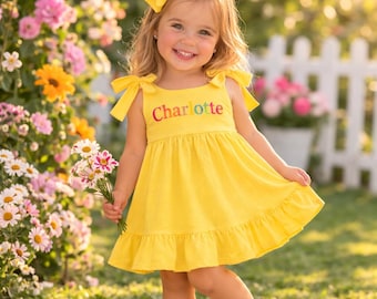 Personalized Cotton Dress, Custom Name Embroidery, Ruffle Sleeve Toddler Outfit