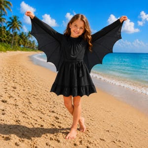 May include: A black long-sleeved dress featuring integrated bat-like wing attachments extending from the sleeves. The dress has a round neckline, a cinched waist with a tie belt, and a ruffled hemline that mimics the scalloped edge of bat wings.
