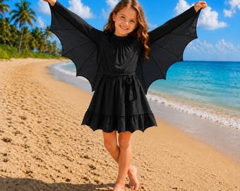 Girls Bat Wing Dress, Halloween Costume Dress, Long Sleeve Bat Dress, Kids Halloween Outfit, Toddler Costume, Spooky Party Dress
