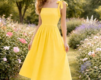 Robe d'été en coton pour femme, Robe midi à col carré, Robe d'été décontractée, Robe à corsage smocké, Robe en coton léger