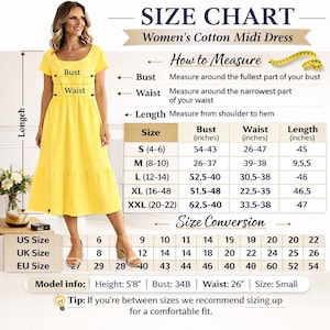 Peut inclure: Une robe midi en coton jaune pour femmes est pr&eacute;sent&eacute;e avec un tableau des tailles. Le tableau comprend les mesures du buste, de la taille et de la longueur en centim&egrave;tres. Le mod&egrave;le mesure 173 cm, avec un buste de 34B et une taille de 66 cm, portant une robe de taille S.