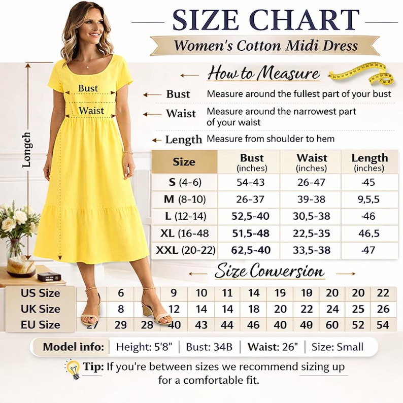 Peut inclure: Une robe midi en coton jaune pour femmes est pr&eacute;sent&eacute;e avec un tableau des tailles. Le tableau comprend les mesures du buste, de la taille et de la longueur en centim&egrave;tres. Le mod&egrave;le mesure 173 cm, avec un buste de 34B et une taille de 66 cm, portant une robe de taille S.