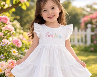 Personalized Cotton Dress, Custom Name Embroidered Toddler, Ruffle Sleeve Birthday Outfit