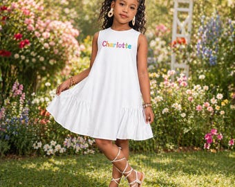 Vestido de algodón personalizado, vestido de verano con bordado de nombre personalizado, conjunto de verano para niña pequeña.
