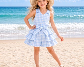 Mono de cuadros vichy para niñas, conjunto de verano con volantes, mono sin mangas para niñas pequeñas, conjunto infantil con lazo en la cintura, ropa para niñas hecha a mano.