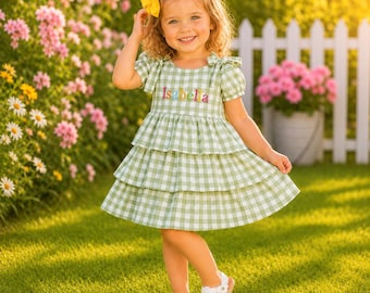 Personalized Girls Gingham Dress, Short Sleeve Tiered Toddler Dress, Custom Name Embroidered Summer Dress, Green Check Birthday Outfit