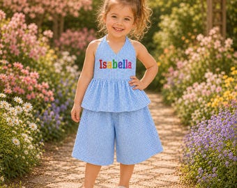 Gepersonaliseerde naam pastel meisjes halter korte set, aangepaste geborduurde naam outfit, peuter zomer tweedelige set, verjaardag vakantie outfit