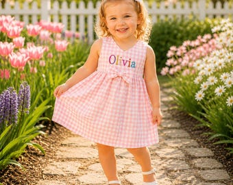 Vestido xadrez vichy personalizado para meninas, vestido com nome bordado à mão, vestido de verão infantil, roupa de aniversário com decote em V, vestido para daminha de honra.