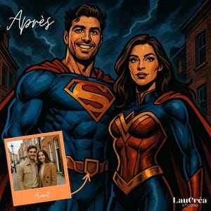 Peut inclure: Illustration numérique d'un couple transformé en super-héros, l'homme en Superman et la femme dans un costume inspiré de Wonder Woman. L'image comprend une photo du couple avant la transformation et les textes "Après" et "Avant".