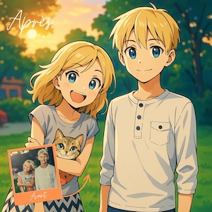 Könnte beinhalten: Anime-Illustration eines Jungen und eines Mädchens mit blonden Haaren und blauen Augen. Das Mädchen trägt ein graues T-Shirt mit einem Katzenmotiv und hält ein Foto. Der Junge trägt ein weißes Langarmshirt. Das Wort "Après" steht oben.