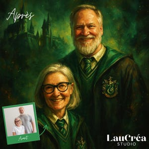 May include: A digital portrait of a smiling couple in green robes, reminiscent of a wizarding school. The background features a castle. A smaller image shows the couple in casual attire. The word "Après" is at the top left.