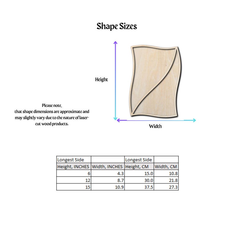 May include: A light-colored wooden cutout in a wavy, abstract shape. The image includes a chart titled Shape Sizes with height and width measurements in inches and centimeters, ranging from 6 to 15 inches and 15.0 to 37.5 centimeters respectively.