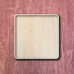 May include: A square wooden tray with rounded corners, featuring a light beige natural wood grain finish. The tray has a shallow depth and a smooth, flat interior surface, showcasing the organic texture and patterns of the light-coloured wood.