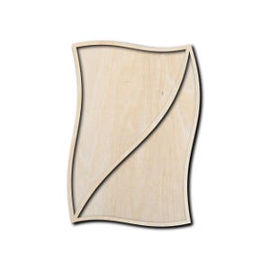 May include: A light-colored wooden cutout in a rectangular shape with wavy, curved vertical sides. The piece features a diagonal cut that divides the surface into two distinct sections, showcasing the natural grain and texture of the wood material.