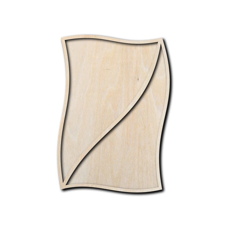 May include: A light-colored wooden cutout in a rectangular shape with wavy, curved vertical sides. The piece features a diagonal cut that divides the surface into two distinct sections, showcasing the natural grain and texture of the wood material.
