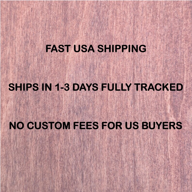May include: A textured, light mauve-colored wooden surface with visible vertical grain patterns. The image features black text printed directly onto the wood, displaying the phrases FAST USA SHIPPING, SHIPS IN 1-3 DAYS FULLY TRACKED, and NO CUSTOM FEES FOR US BUYERS.