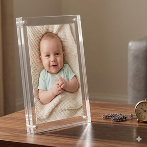 Peut inclure: Un cadre photo en acrylique transparent présentant un bébé souriant en barboteuse bleu clair. Le bébé est sur une couverture crème. Le cadre est posé sur une surface en bois.