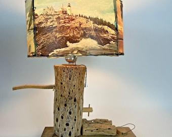MCM Vintage Cholla Cactus Wood water pump Lamp w/Scenic Pictoral Shade WORKS