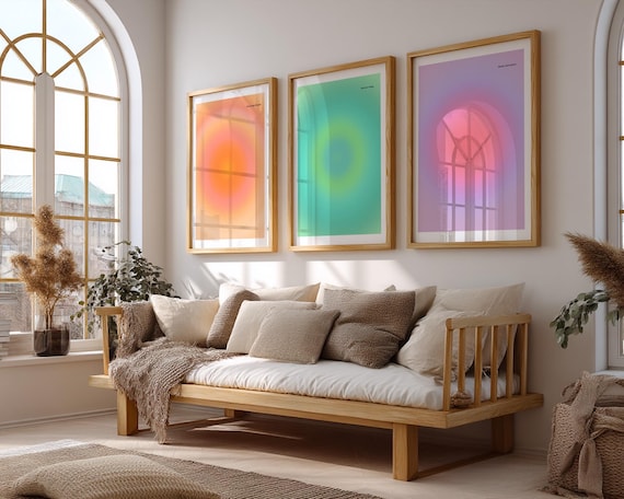 Aura Poster 3er-Set – Dopamine Decor Wandbilder in Orange, Grün & Rosa | Abstrakte Spirituelle Kunst für Wohnzimmer Meditation Good Vibes
