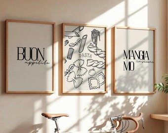 Juego de carteles de pasta Pósteres de cocina | Buen provecho Pasta Mangiamo Insieme | Tipografía italiana arte de la pared decoración de la cocina