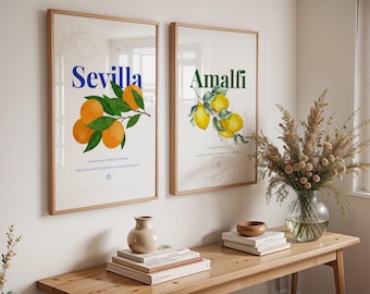 Set de pósteres de Italia y España – Arte mural de Amalfi y Sevilla | Decoración bohemia mediterránea | Láminas de cocina con cítricos, arte mural de verano