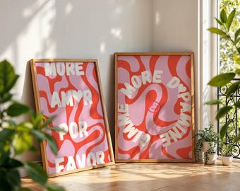 Juego de pósteres "Más amor" o "Favorito" en rosa, naranja y rojo | Decoración de pared Dopamine Decor | Láminas rosas con mensaje | Idea de regalo de verano