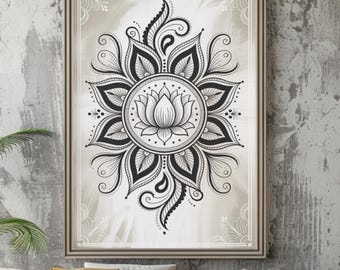 蓮の曼荼羅プリント - 白黒の神聖幾何学、禅の装飾
