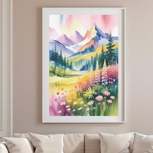Watercolor Mountain Meadow Print: Pastel Wildflower Landscape Art