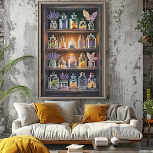 Apothecary Shelf Art Print – Herbs, Flowers, Citrus in Glass Jars
