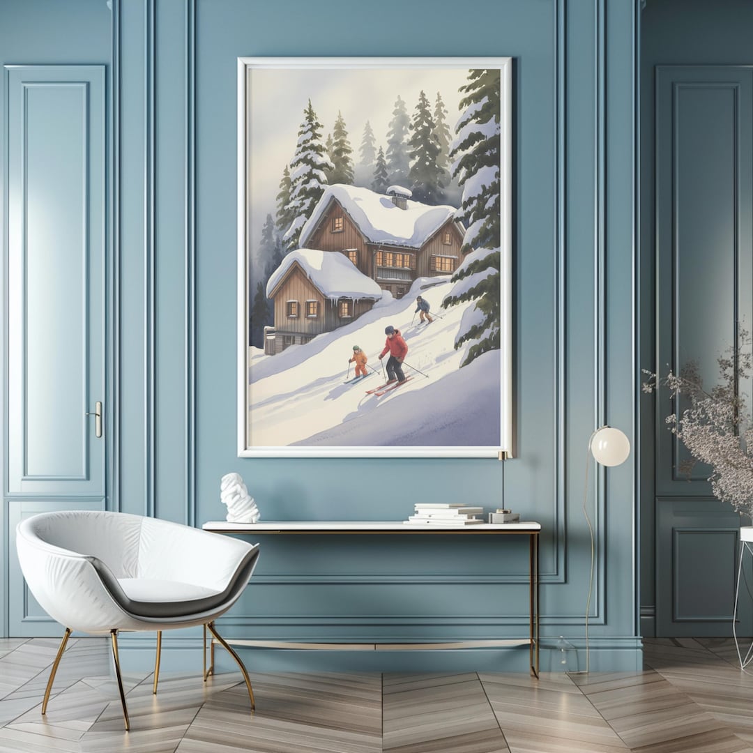 Vintage Ski Cabin Poster – Snowy Mountain Chalet Art Print - Etsy