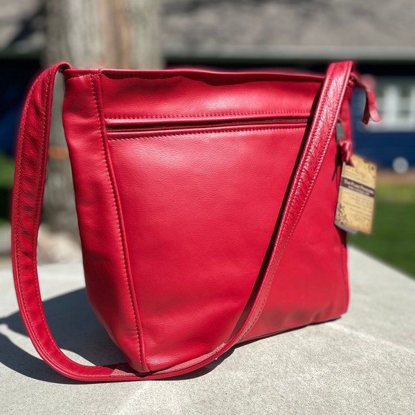 Large leather shoulder bag - beautiful red leather - Rita style - made in the USA
