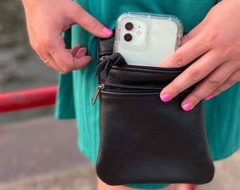 Crossbody leather phone pouch/purse - black leather - multiple colors available - made in the USA