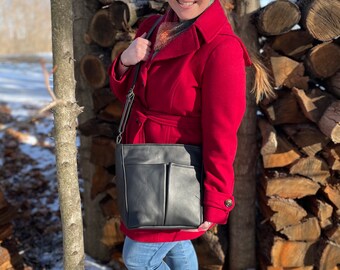 Large, crossbody leather purse - adjustable strap - black leather - Rita style - made in the USA - leather purse