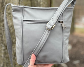 Crossbody leather purse - light gray leather - Emily style - made in the USA - other colors available