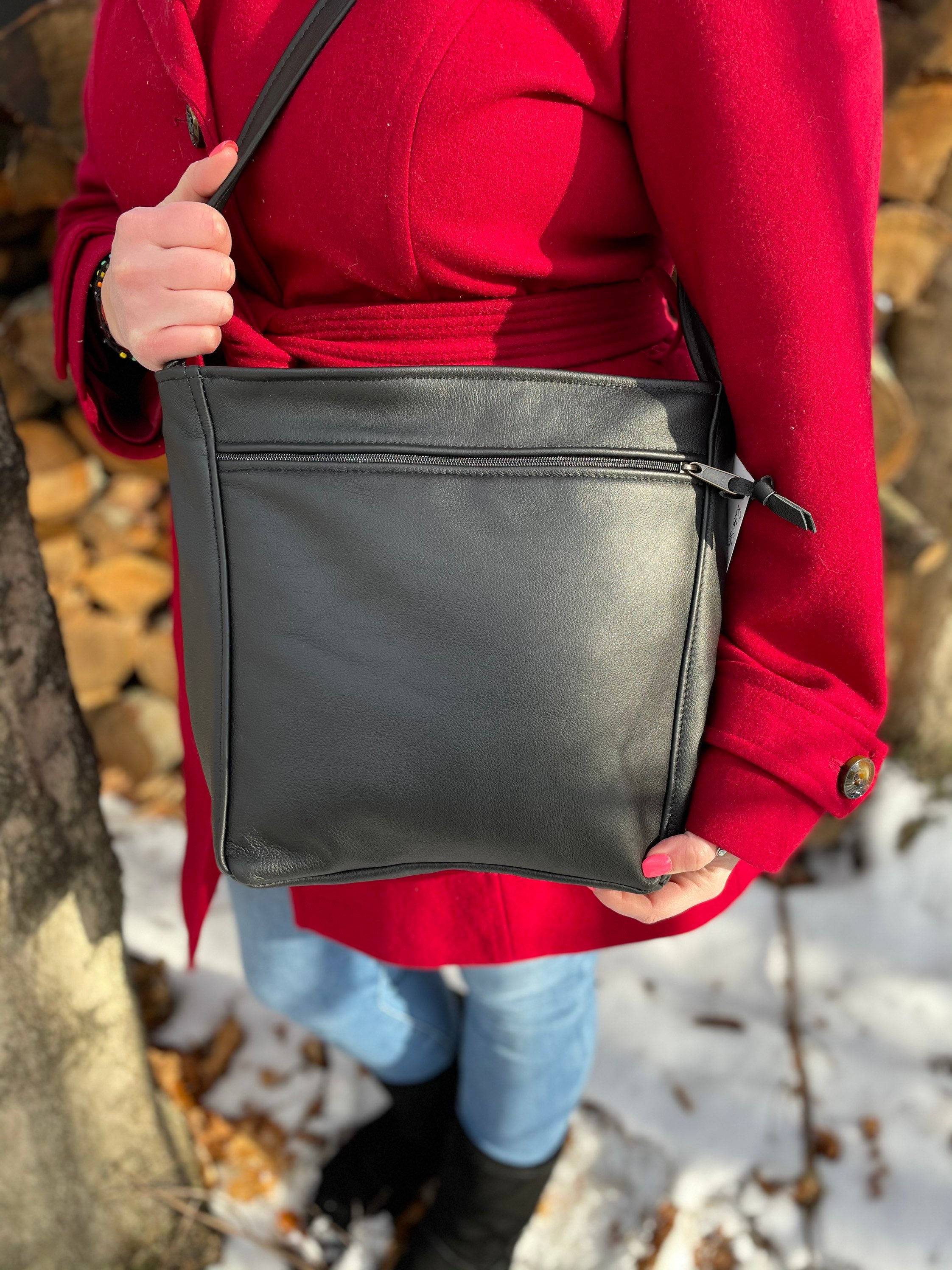 Large Leather Shoulder Bag - Black Leather - Rita Style