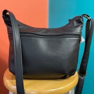 Crossbody leather purse - long adjustable strap - black leather - Brenda style - made in the USA