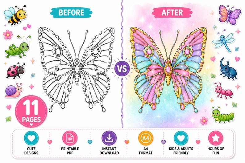 May include: A digital coloring book with a butterfly design, featuring a before-and-after comparison. The 'before' image is a black and white outline, while the 'after' image is a colorful illustration. Includes cute designs and is kids and adults friendly.