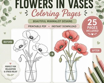 Flowers in Vases Coloring Pages | Minimalist Floral Coloring Book