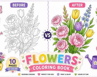 Flower Coloring Pages PDF • 10 Unique Bouquets • Mindfulness & Relaxing • Instant Download