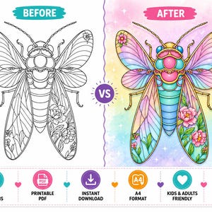 May include: A coloring book page with a before-and-after comparison of a detailed insect illustration. The 'before' image is a black and white outline, while the 'after' image is colorfully rendered with pink, blue, and green hues. Additional cute insect illustrations are included.
