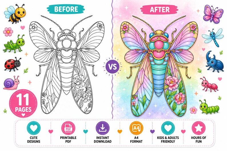 May include: A coloring book page with a before-and-after comparison of a detailed insect illustration. The 'before' image is a black and white outline, while the 'after' image is colorfully rendered with pink, blue, and green hues. Additional cute insect illustrations are included.