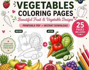 Fruits & Vegetables Coloring Pages, 25 Relaxing Designs (PDF Download)