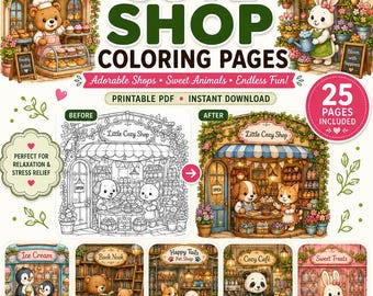 Kawaii Bakery Coloring Pages, Cozy Animal Shops, Whimsical Cafe Bundle (PDF Download)