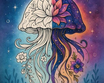 Fantasy Jellyfish Coloring Book | Floral Medusa, Space Art (Digital Download)