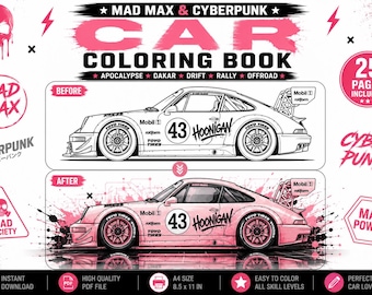 Cyberpunk and Mad Max Car Coloring Book For Kids & Adults  25 Printable Drift, Rally and Supercar Pages