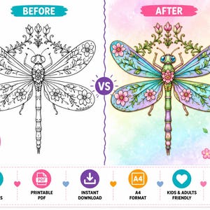 May include: A comparison of a dragonfly coloring page before and after coloring. The 'before' image is a black and white line drawing, while the 'after' image is a colorful illustration. The image also includes cute insect illustrations and text that says '11 pages'.