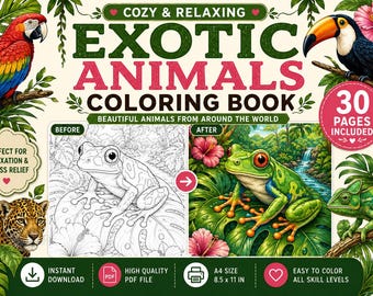 Exotic Animals Coloring Book | Tropical Wildlife, Jungle Scenes (PDF Download)