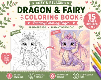 Dragon Fairy Coloring Book, Fantasy Scenes, Princess, Magical Creatures (Printable PDF)